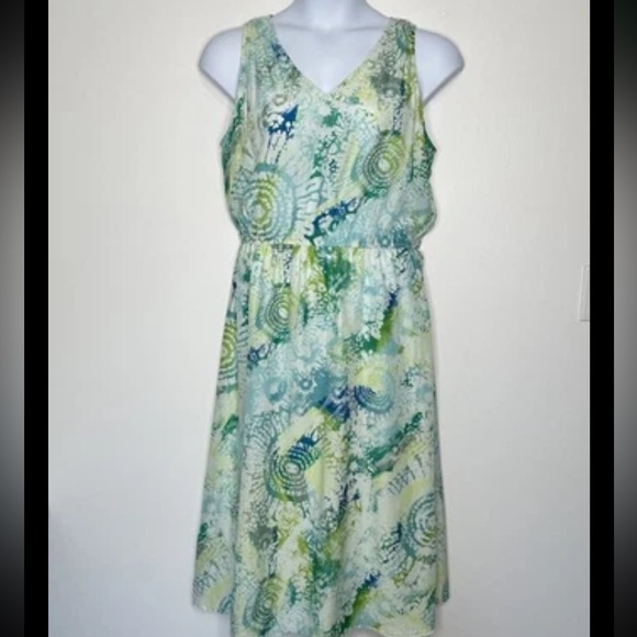 J. Jill V-Neck Midi Dress Sleeveless Green Blue Silk Blend Petite Large - Picture 1 of 10